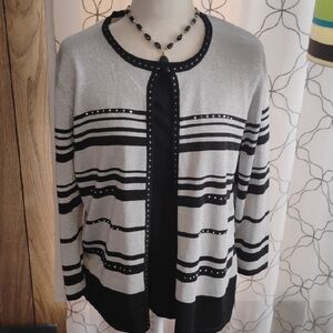 Alfred Dunner Black & Silver Striped Cardigan with Stud Accents